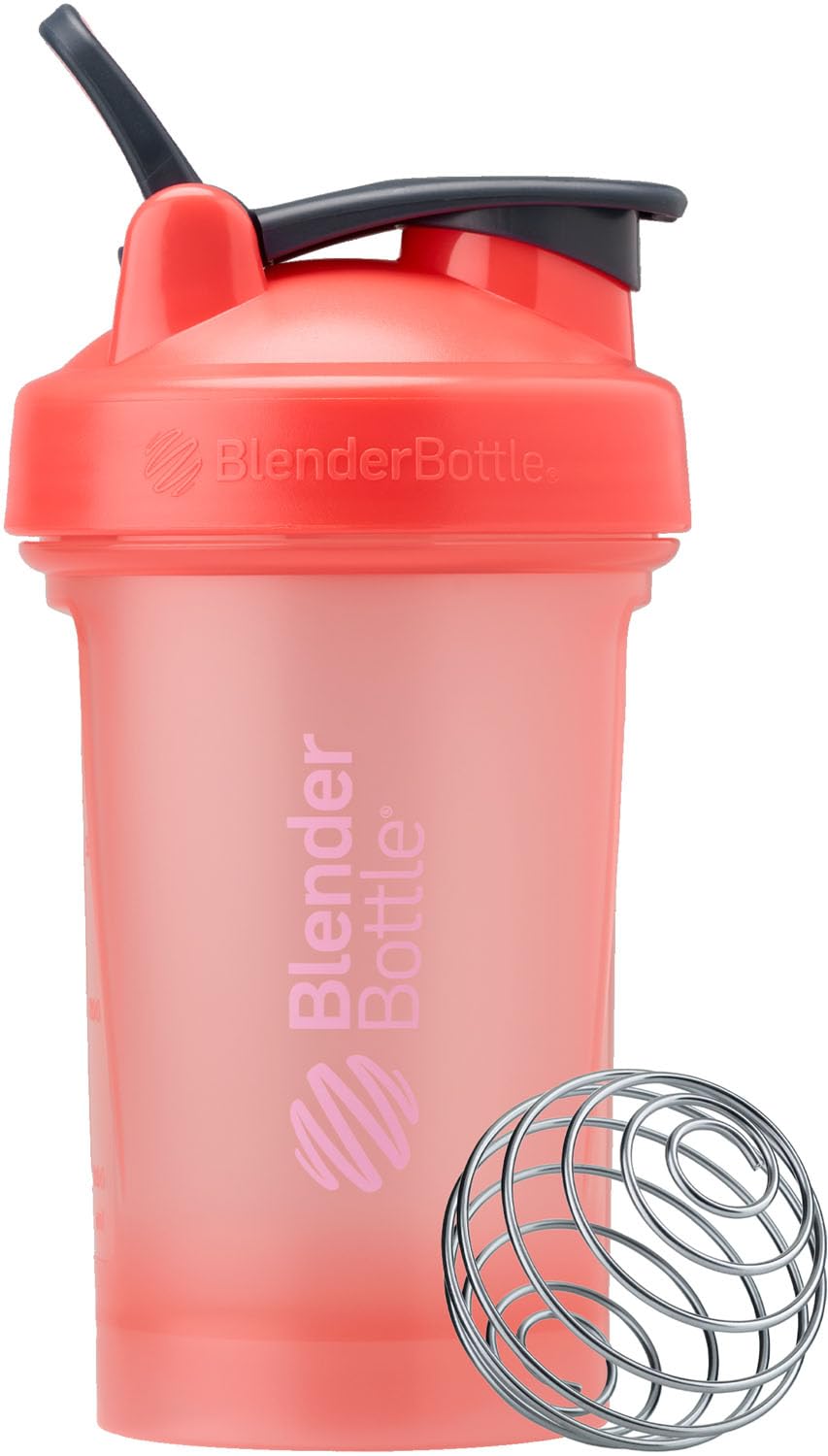 BlenderBottle Classic V2 coral vista frontal mostrando tapa y agarre para transporte, perfecta para entrenamiento