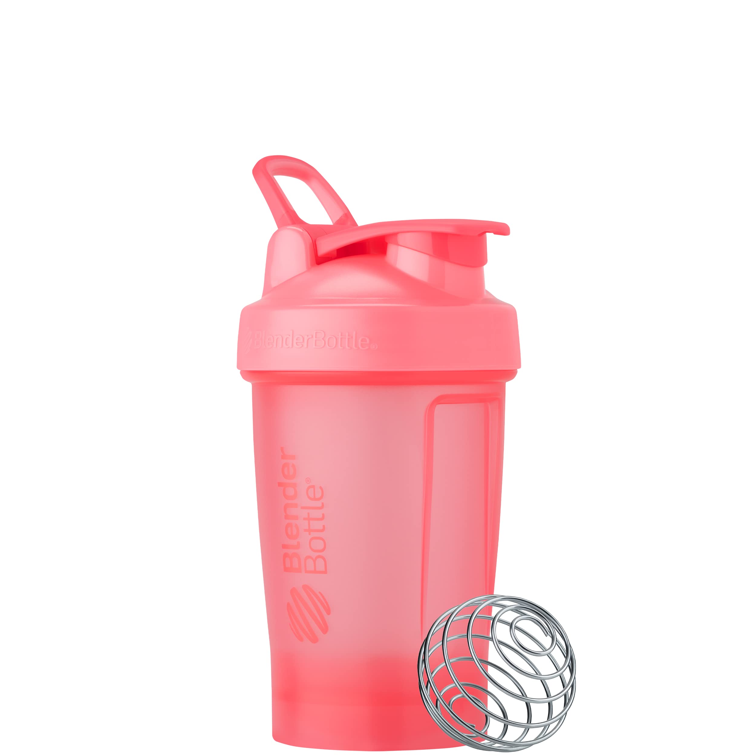 BlenderBottle Classic V2 vista frontal rosa con cierre hermético y portabilidad