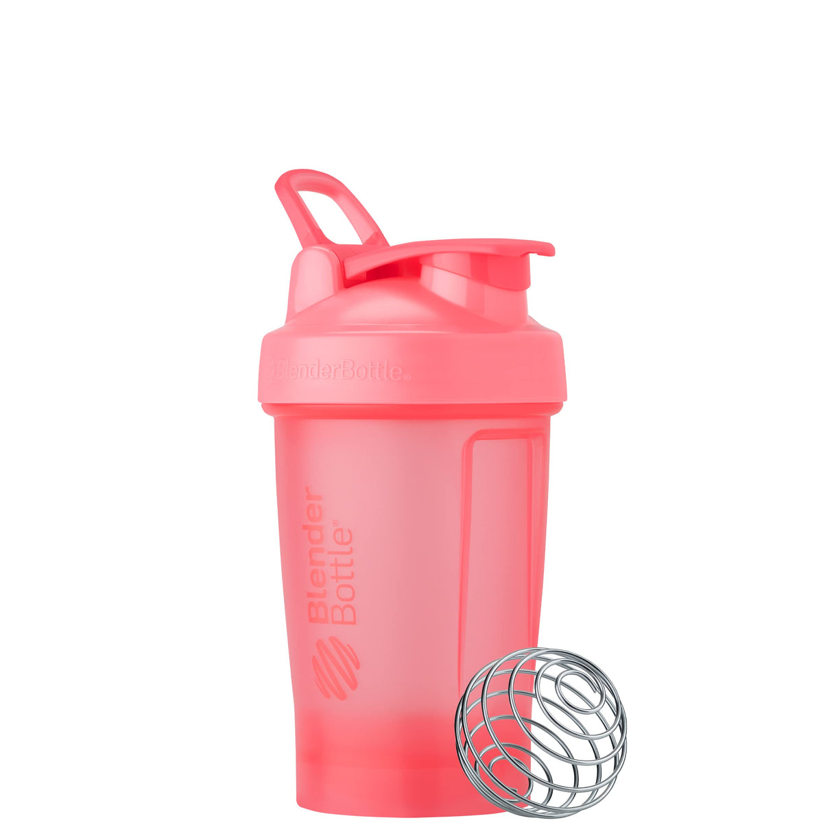 BlenderBottle Classic V2 vista frontal rosa con cierre hermético y portabilidad