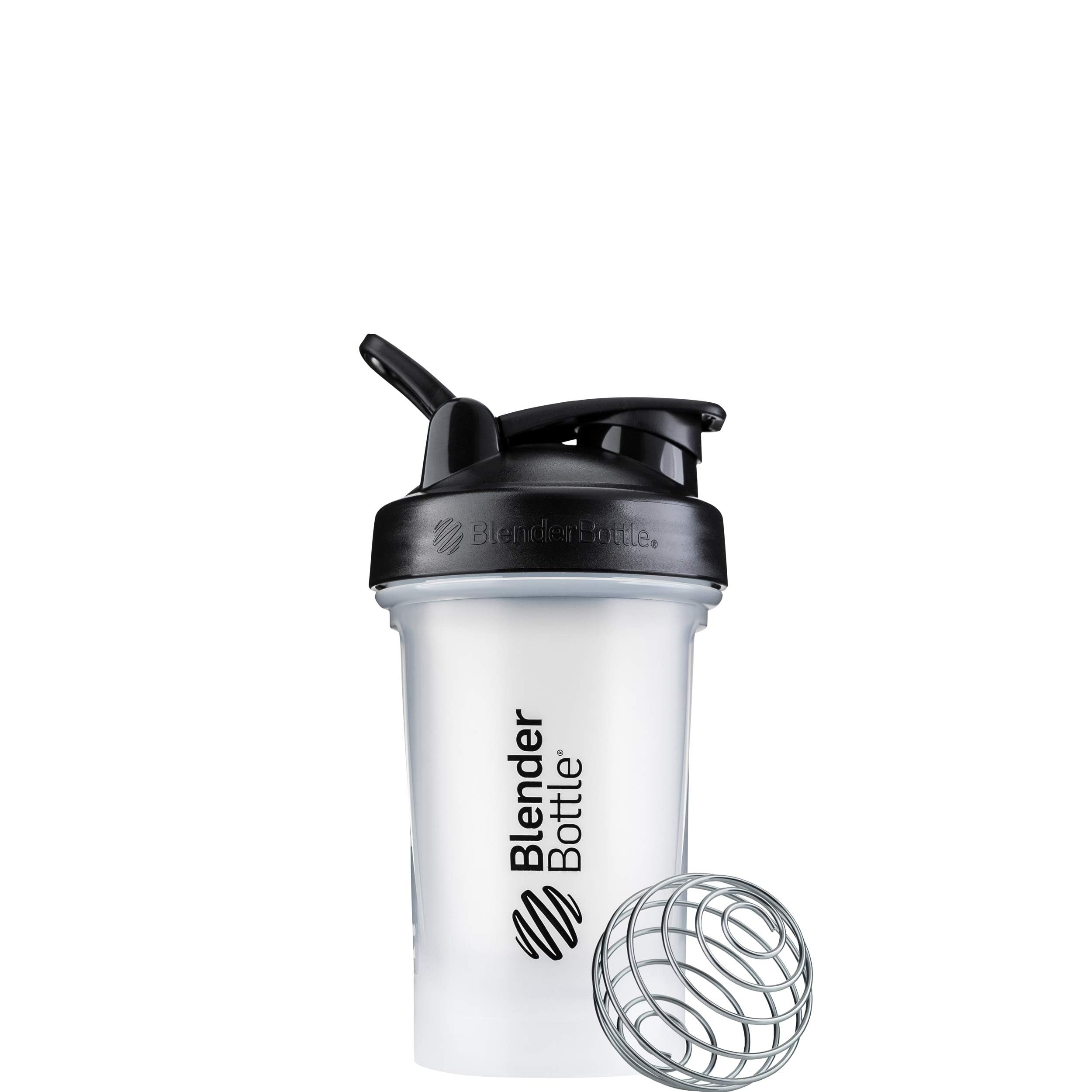 BlenderBottle frontal transparente y negro mostrando diseño y capacidad