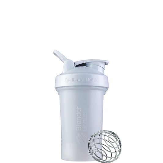 BlenderBottle vista frontal en blanco con cierre hermético y diseño ergonómico