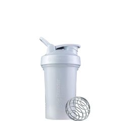 BlenderBottle vista frontal en blanco con cierre hermético y diseño ergonómico