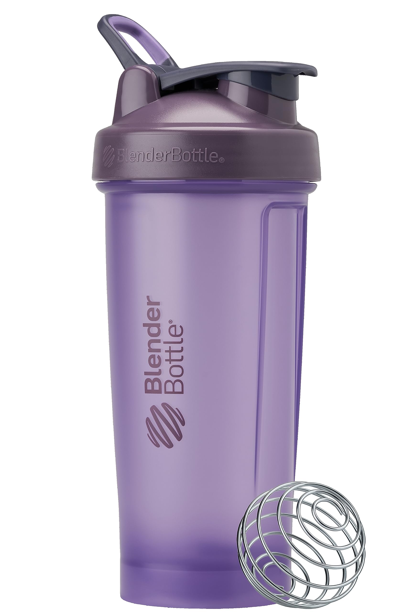 BlenderBottle frontal morado mostrando diseño y capacidad, ideal para mezclas rápidas