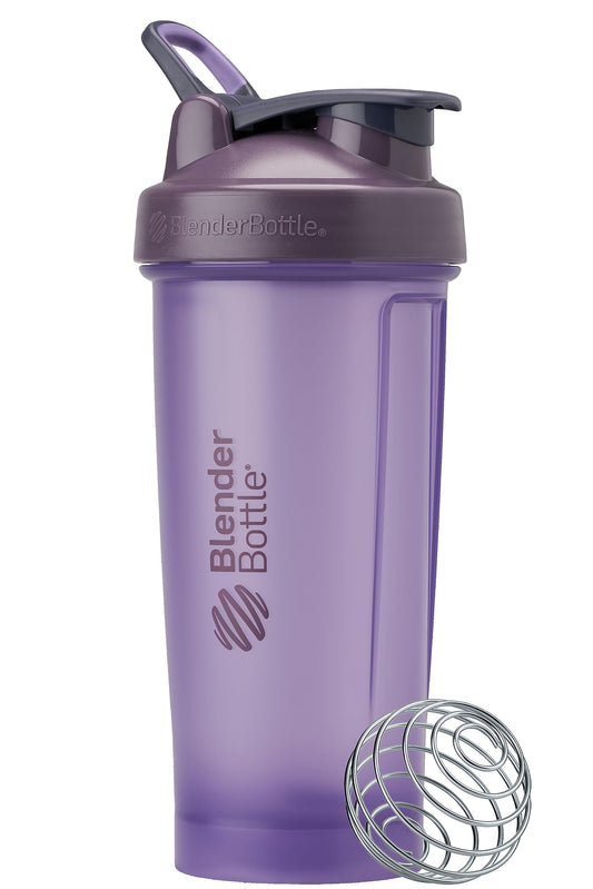 BlenderBottle frontal morado mostrando diseño y capacidad, ideal para mezclas rápidas