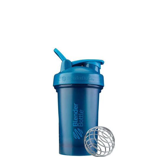 BlenderBottle vista frontal Ocean Blue mostrando diseño y capacidad conveniente