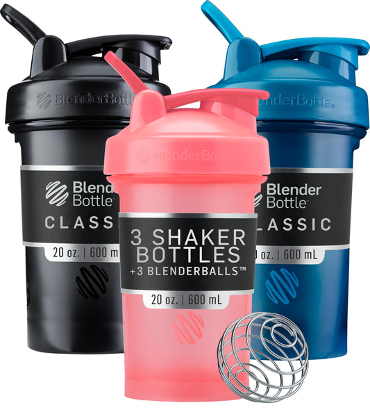 BlenderBottle frontal pack de tres colores muestra portabilidad