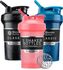 BlenderBottle frontal pack de tres colores muestra portabilidad