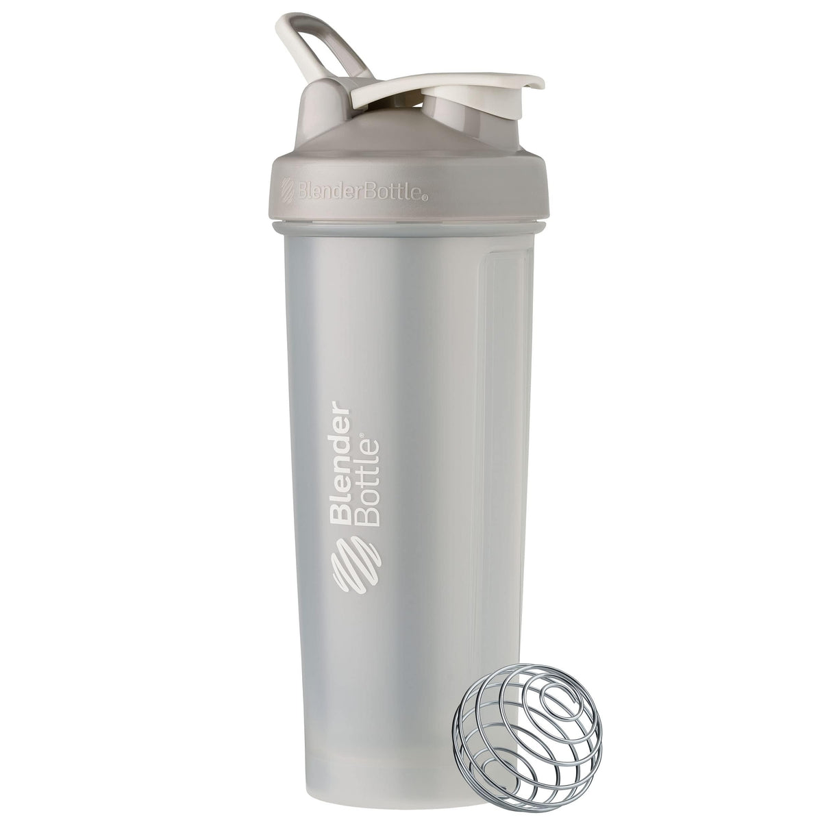 BlenderBottle Classic V2 frontal en pebble grey muestra diseño resistente y fácil de transportar