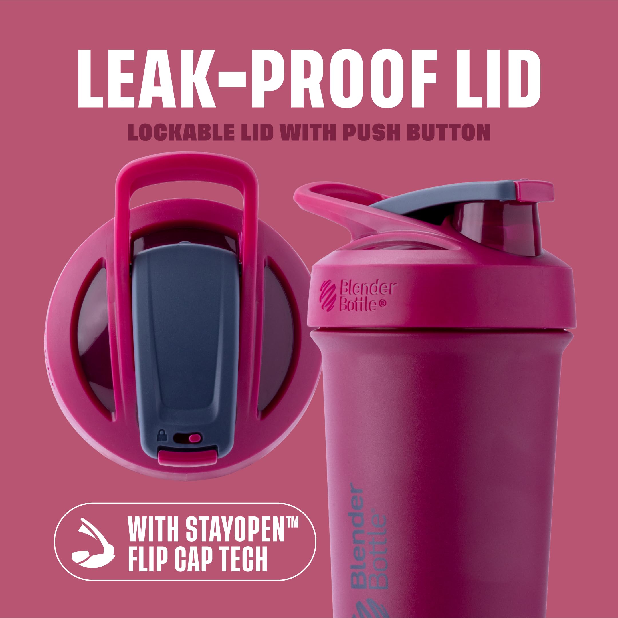 BlenderBottle detalle de la tapa bloqueable para evitar derrames y transportar seguro