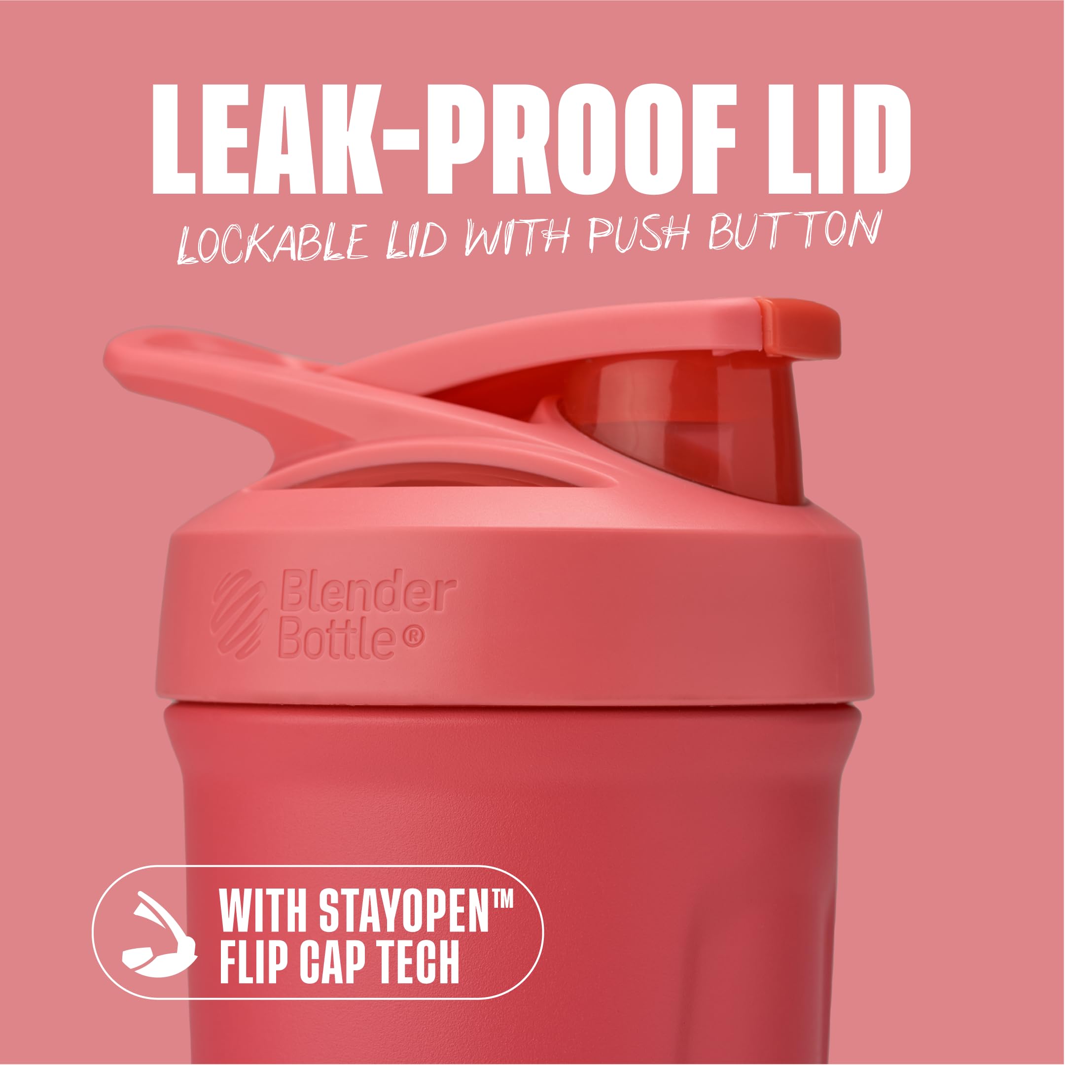 BlenderBottle detalle de la tapa con botón y cierre a prueba de derrames
