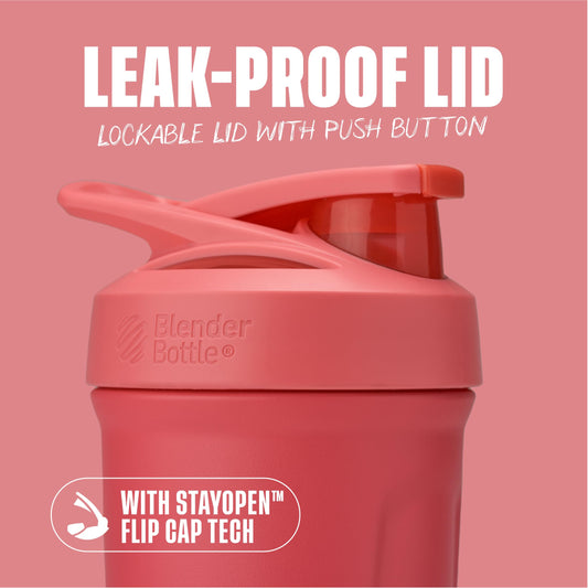 BlenderBottle detalle de la tapa con botón y cierre a prueba de derrames