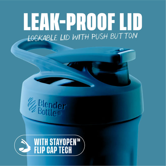 BlenderBottle primer plano de la tapa con botón y cierre a prueba de fugas