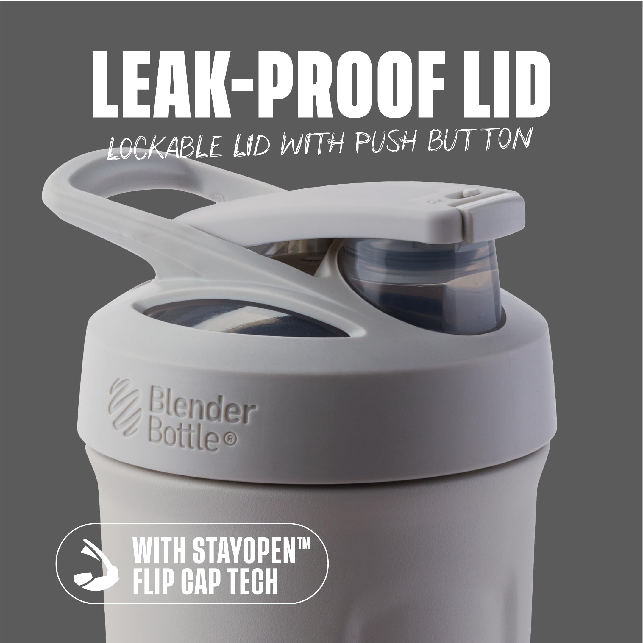 BlenderBottle primer plano de tapa con botón y cierre a prueba de fugas
