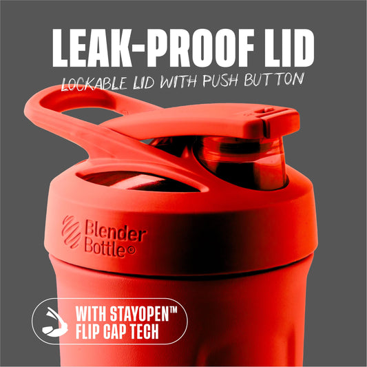 BlenderBottle tapa con botón enfocada, cierre seguro y fácil apertura