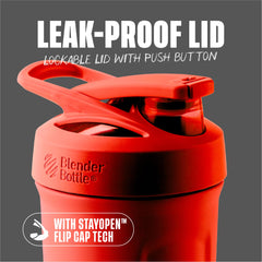 BlenderBottle tapa con botón enfocada, cierre seguro y fácil apertura