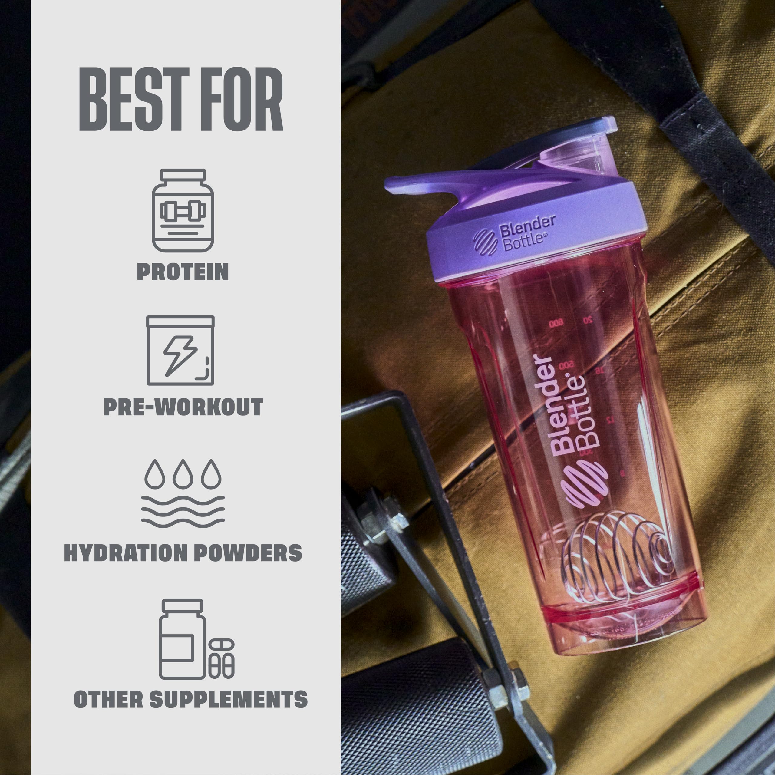 BlenderBottle en mano de usuario en gimnasio para transporte cómodo