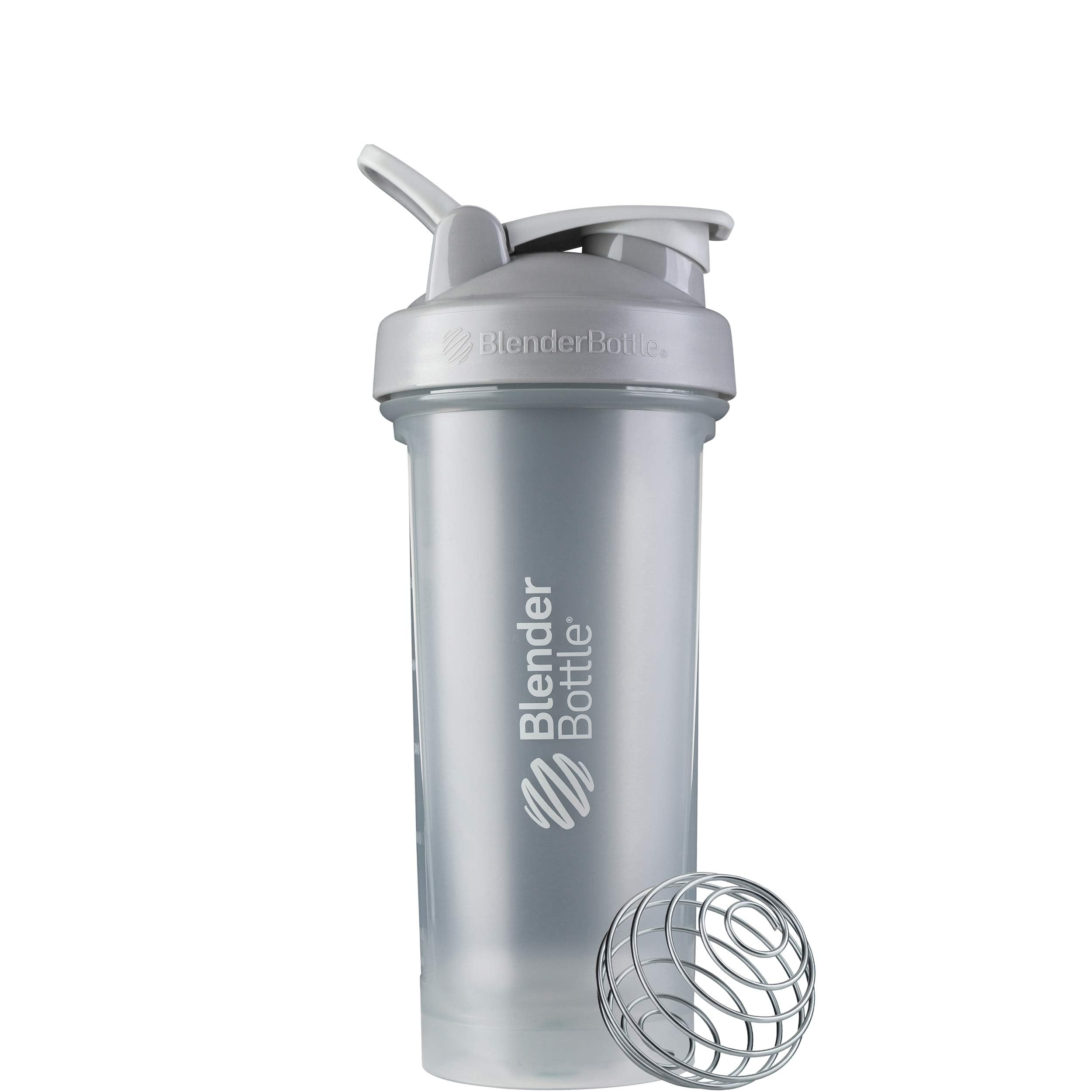 BlenderBottle frontal 28 oz Pebble Grey mostrando perfil y logo, fácil de agarrar