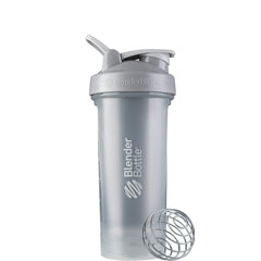 BlenderBottle frontal 28 oz Pebble Grey mostrando perfil y logo, fácil de agarrar