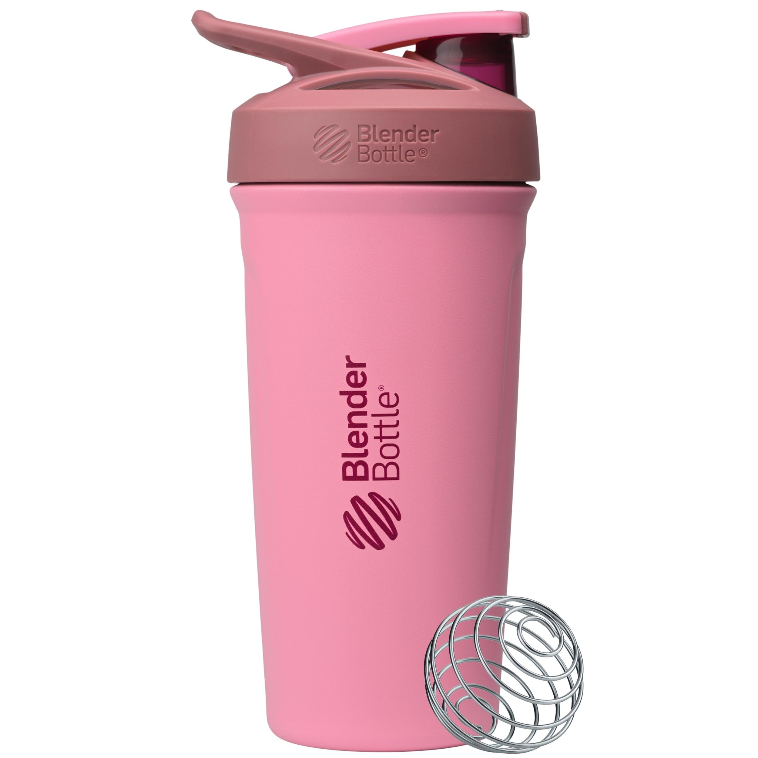 BlenderBottle vista frontal en rosa mostrando diseño aislado y cierre seguro