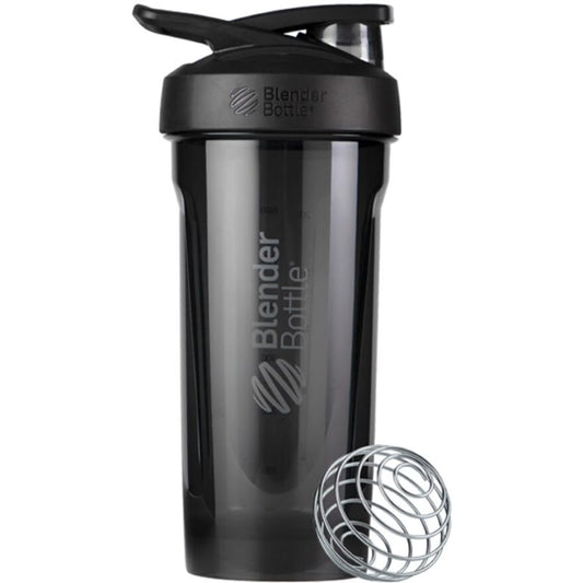 BlenderBottle vista frontal botella Tritan negra para mezclas sin fugas