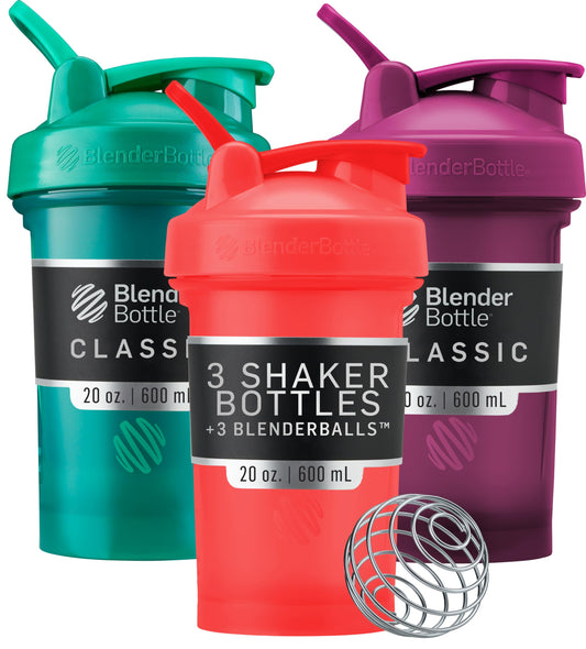 BlenderBottle vista frontal paquete de tres colores, mezcla rápida y portátil