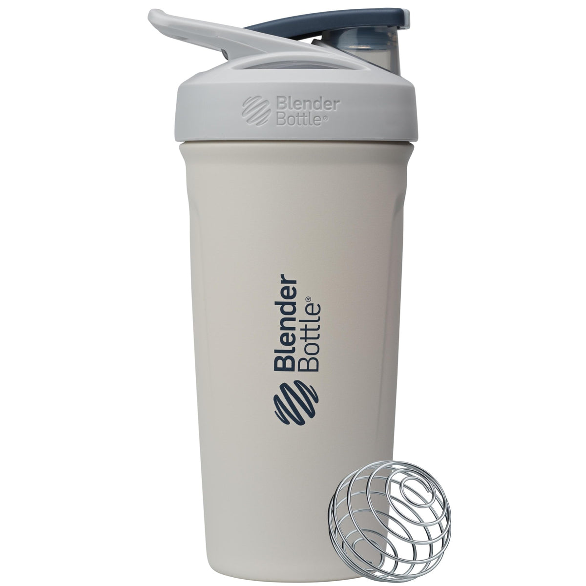BlenderBottle vista frontal con diseño gris y blanco, durabilidad visible