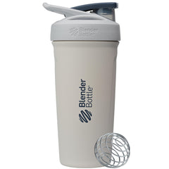 BlenderBottle vista frontal con diseño gris y blanco, durabilidad visible