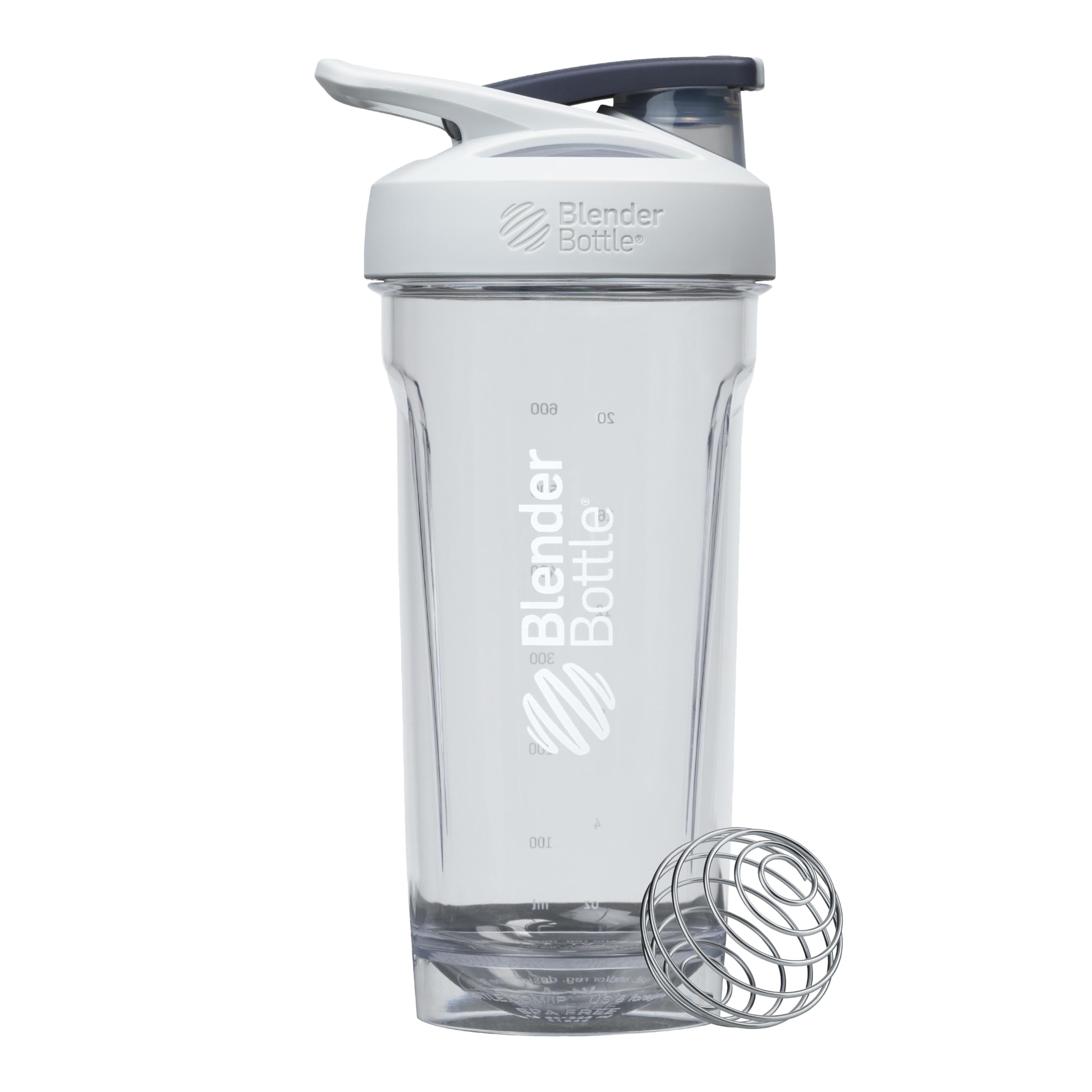 BlenderBottle vista frontal gris mostrando diseño y capacidad, ideal para transporte