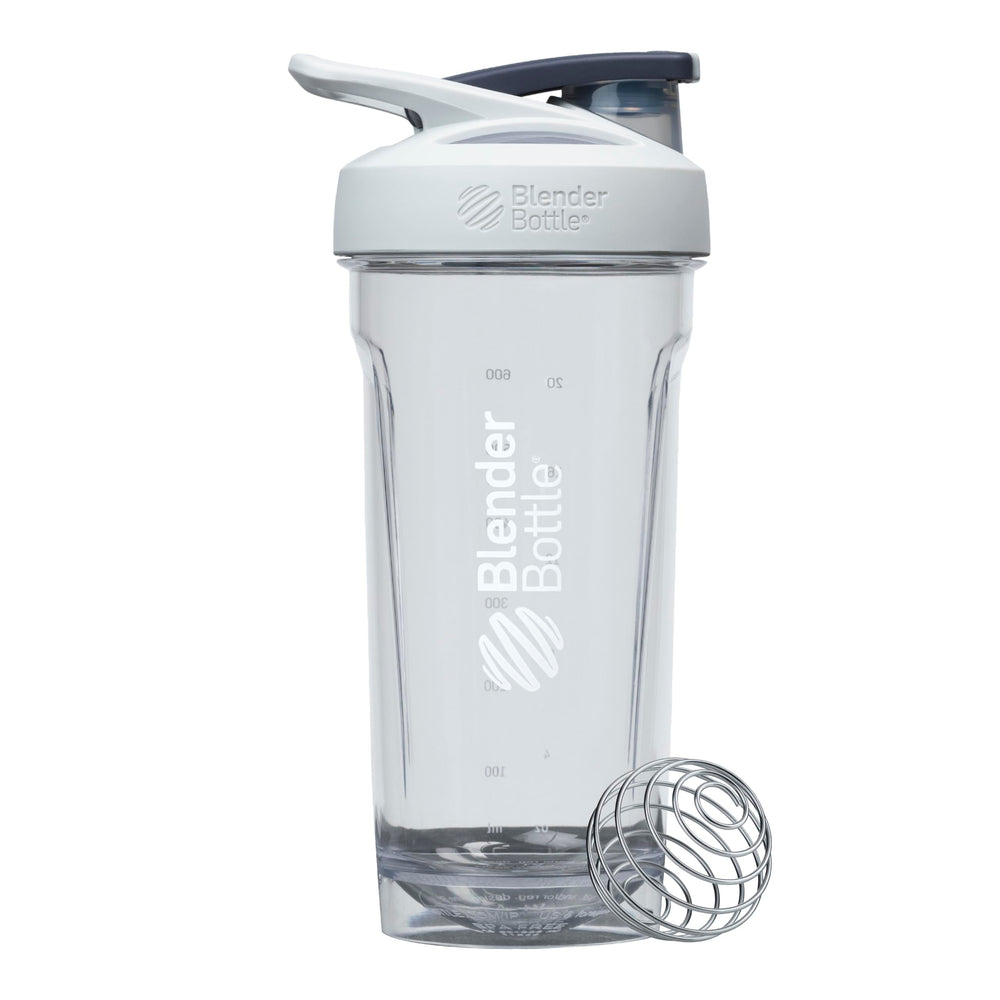 BlenderBottle vista frontal gris mostrando diseño y capacidad, ideal para transporte