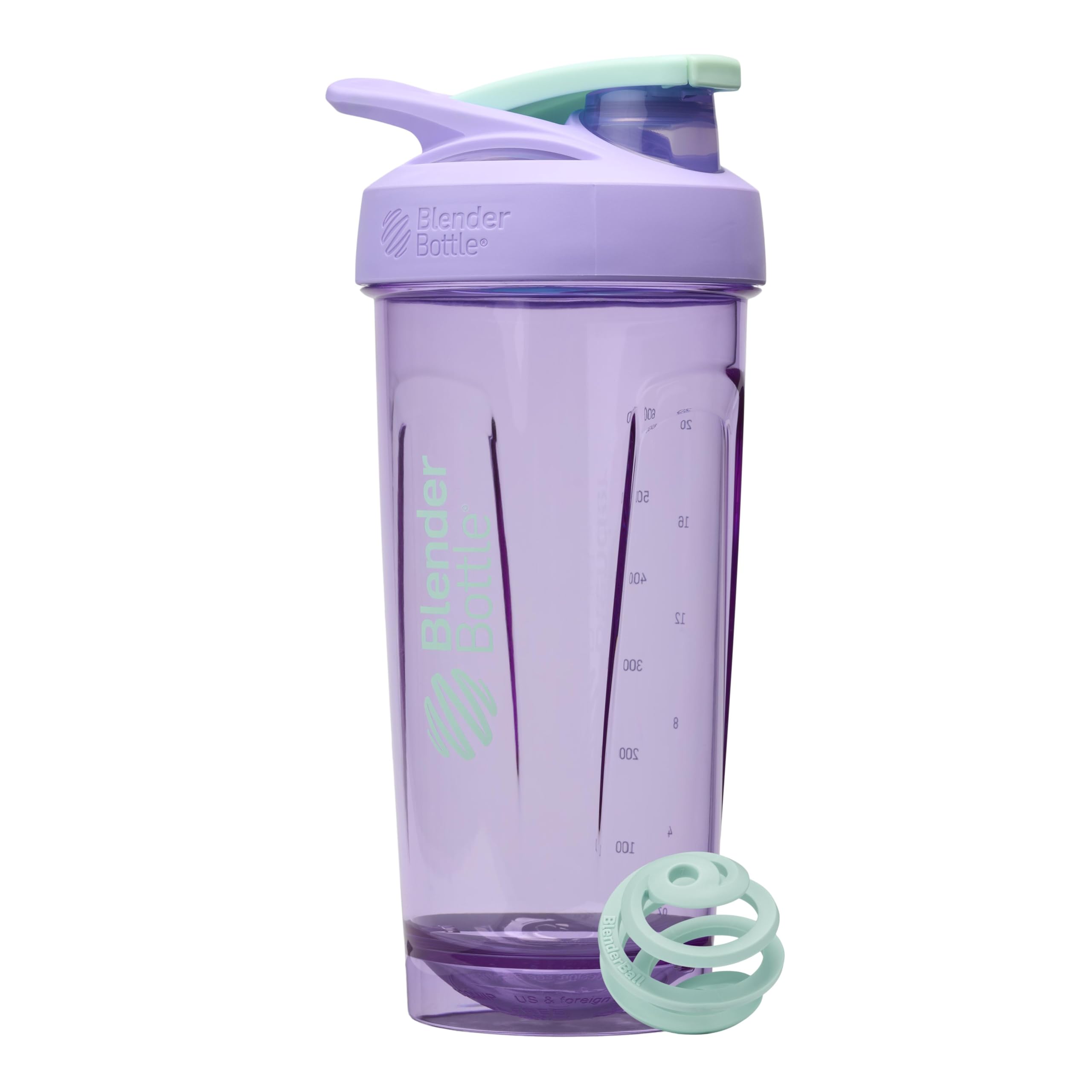 BlenderBottle vista frontal con tapa morada y cierre seguro, fácil transporte