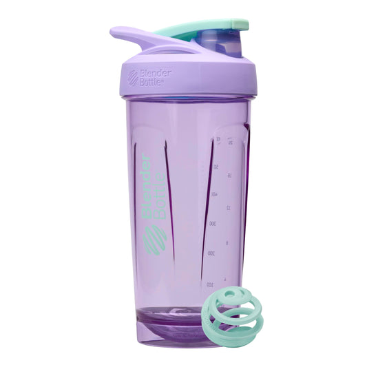 BlenderBottle vista frontal con tapa morada y cierre seguro, fácil transporte