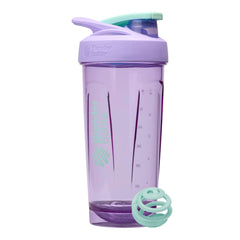 BlenderBottle vista frontal con tapa morada y cierre seguro, fácil transporte