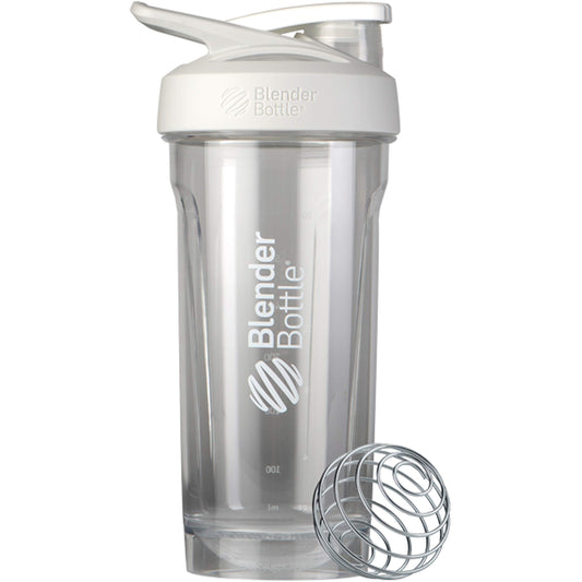 BlenderBottle vista frontal del envase blanco con diseño resistente