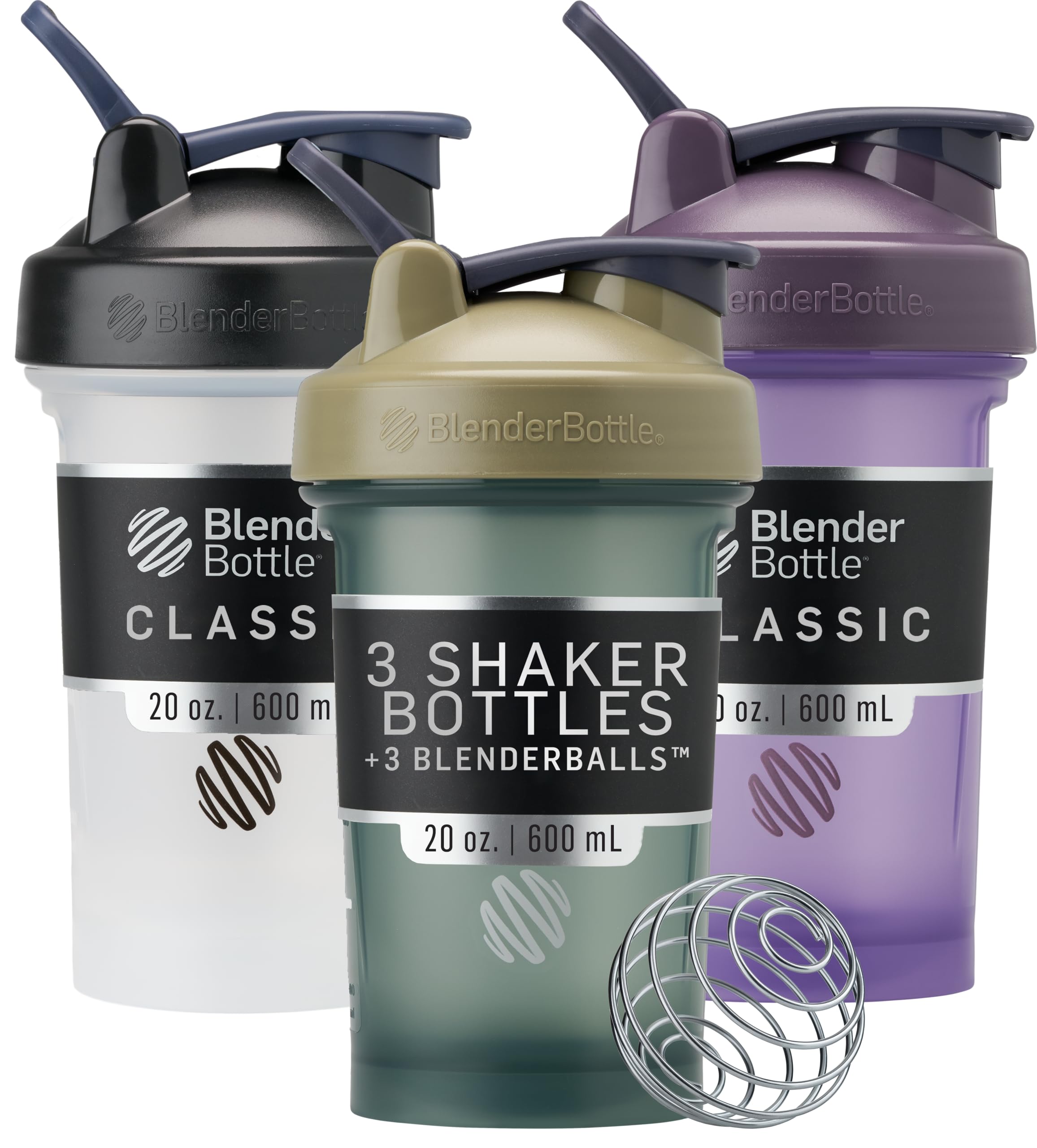 BlenderBottle frontal paquete de tres mostrando diseño y colores beneficios de conveniencia