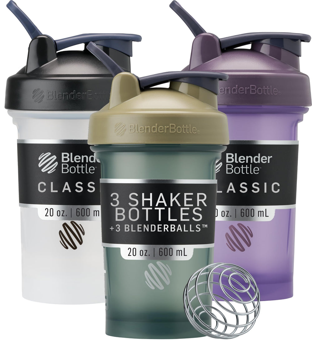 BlenderBottle frontal paquete de tres mostrando diseño y colores beneficios de conveniencia
