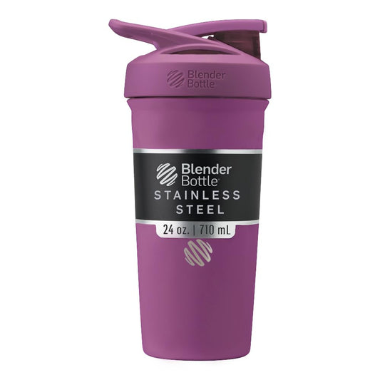 BlenderBottle vista frontal en color plum mostrando capacidad y diseño, práctico para el gym