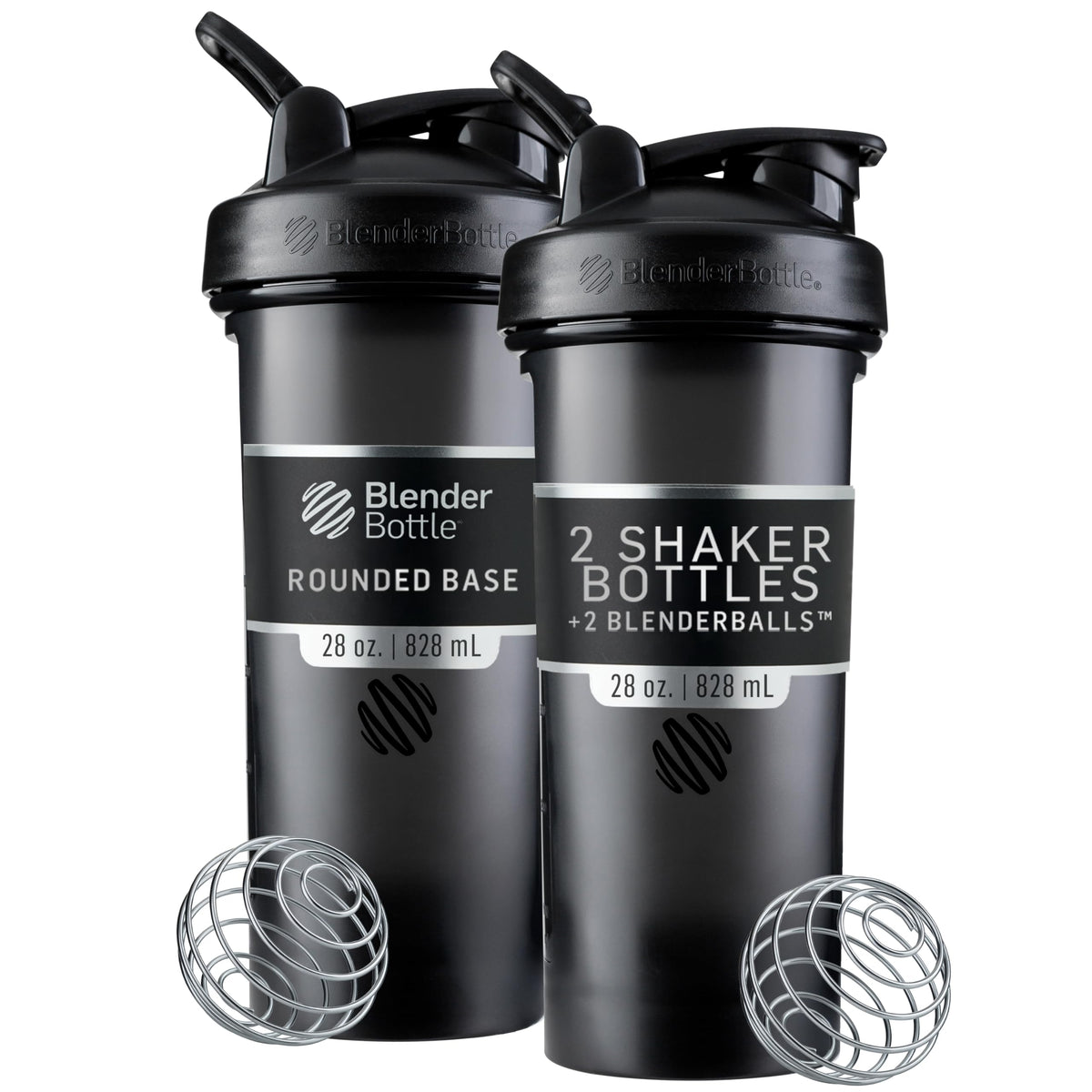 BlenderBottle vista frontal del pack de dos, diseño negro y cierre hermético