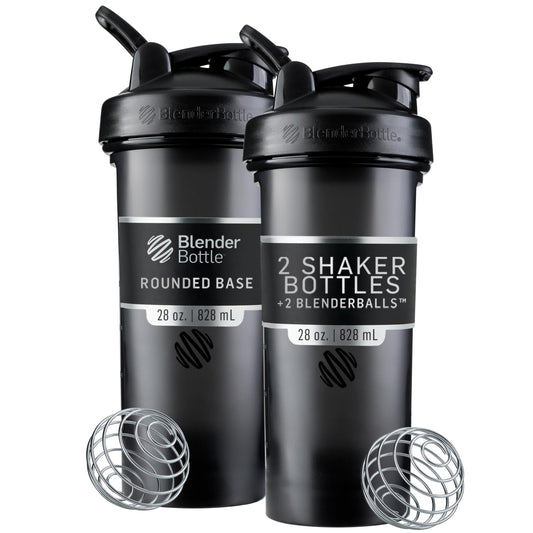 BlenderBottle vista frontal del pack de dos, diseño negro y cierre hermético