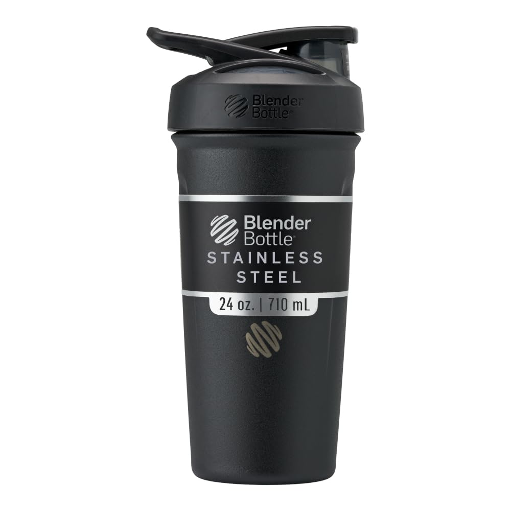BlenderBottle vista frontal 24 oz negro con diseño antideslizante y mezcla efectiva