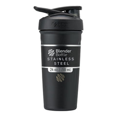 BlenderBottle vista frontal 24 oz negro con diseño antideslizante y mezcla efectiva