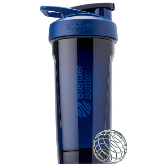 BlenderBottle vista frontal azul mostrando capacidad y diseño duradero