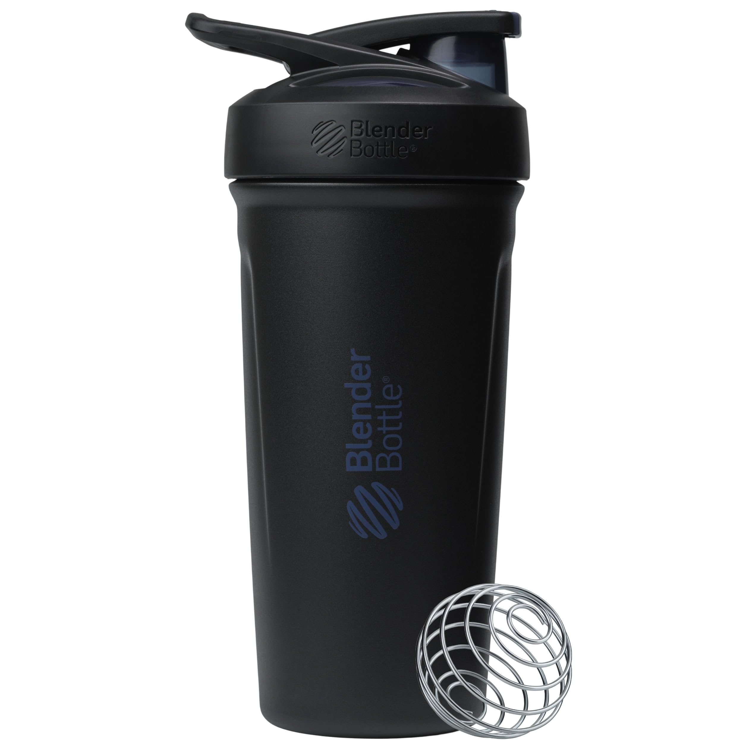 BlenderBottle vista frontal del envase negro con diseño elegante y fácil mezcla