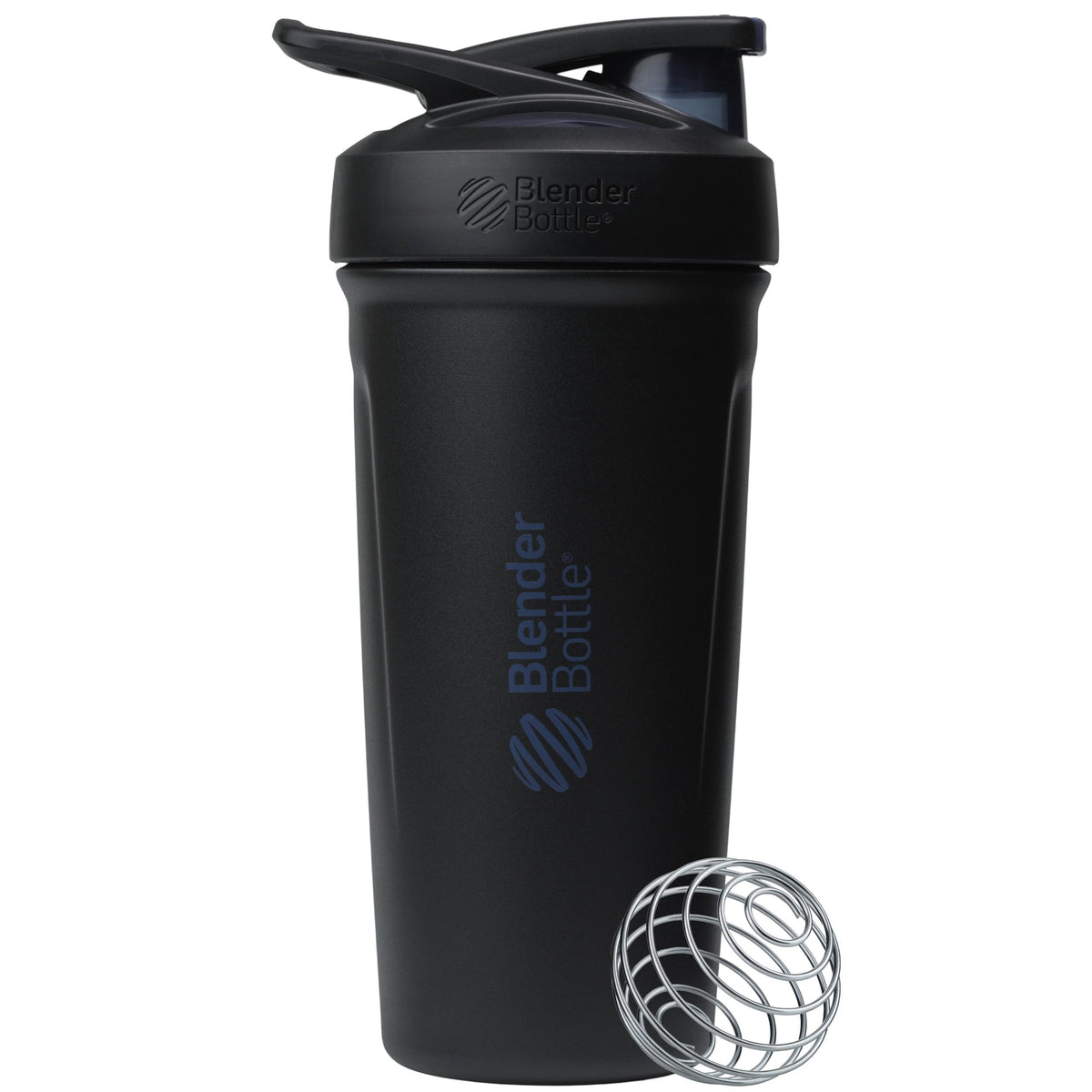 BlenderBottle vista frontal del envase negro con diseño elegante y fácil mezcla