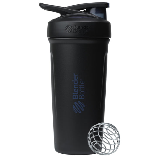 BlenderBottle vista frontal del envase negro con diseño elegante y fácil mezcla