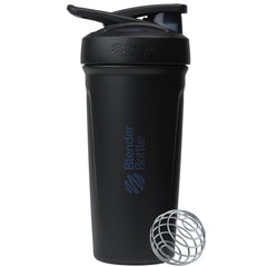 BlenderBottle vista frontal del envase negro con diseño elegante y fácil mezcla