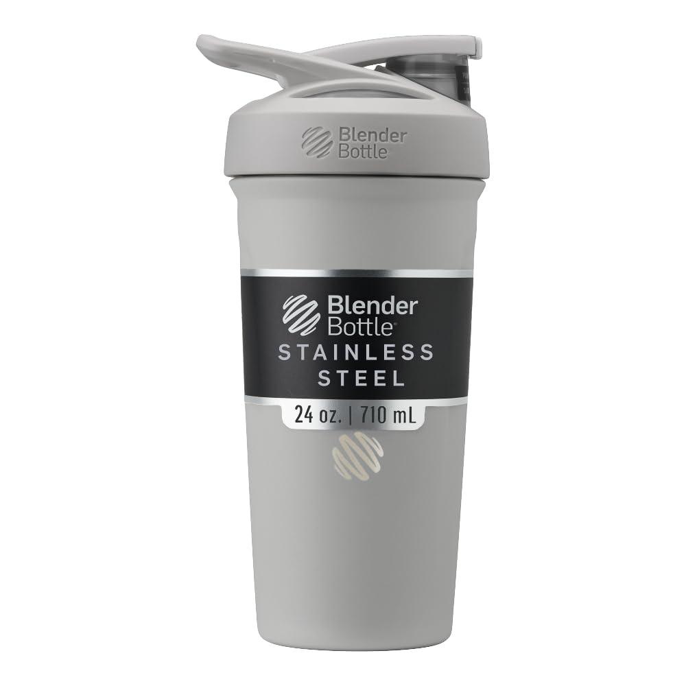 BlenderBottle vista frontal gris mostrando diseño robusto y capacidad 24 oz