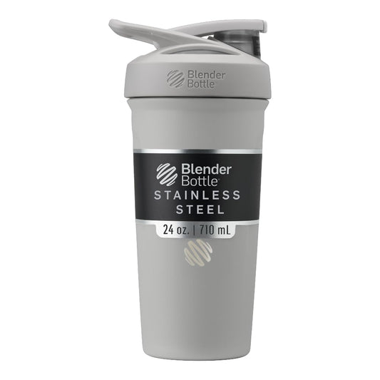 BlenderBottle vista frontal gris mostrando diseño robusto y capacidad 24 oz