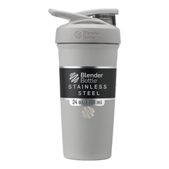 BlenderBottle vista frontal gris mostrando diseño robusto y capacidad 24 oz