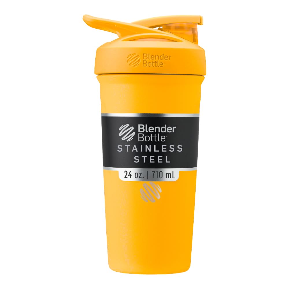 BlenderBottle vista frontal naranja mostrando capacidad y acabado, ideal para transporte