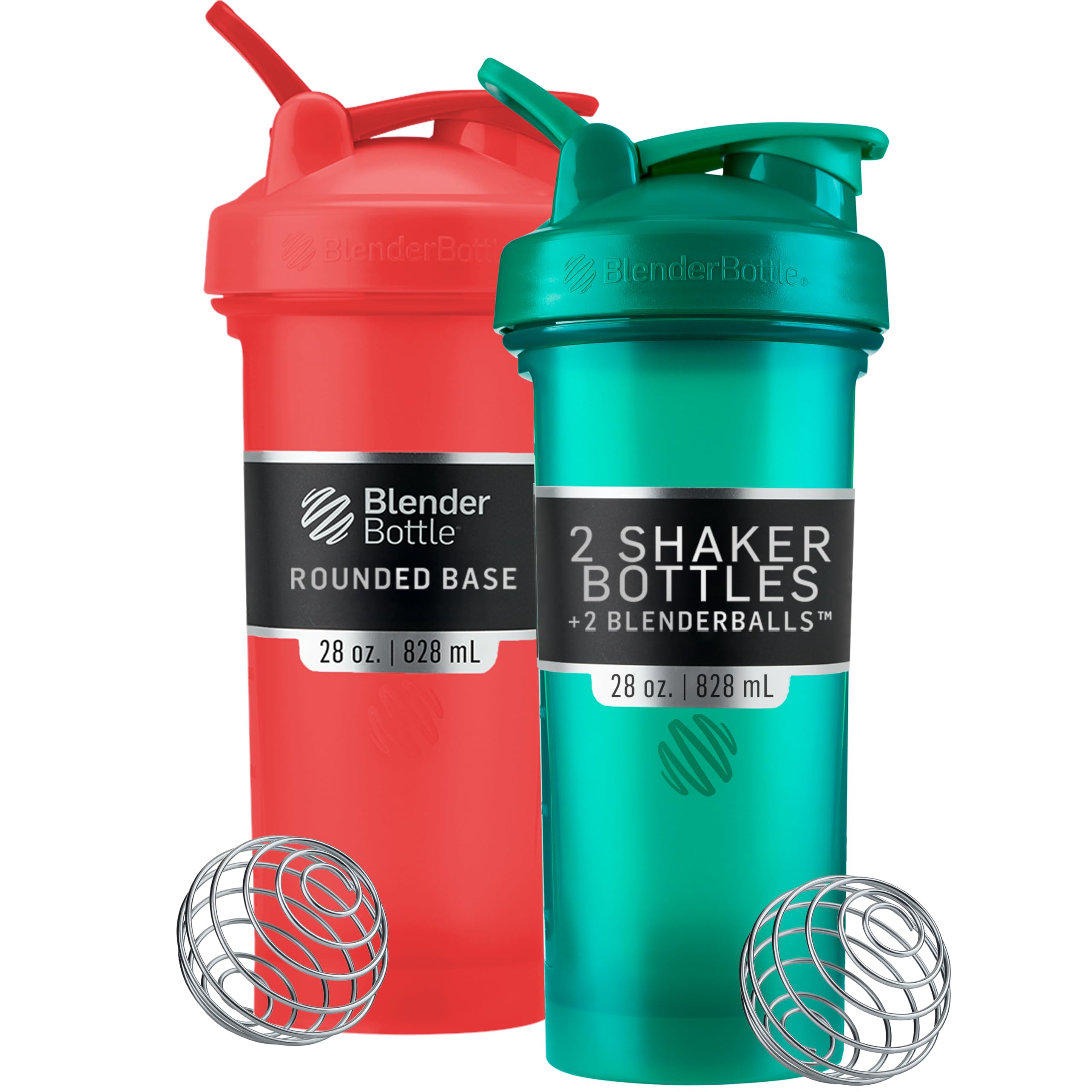 BlenderBottle vista frontal pack rojo y verde, fácil transporte